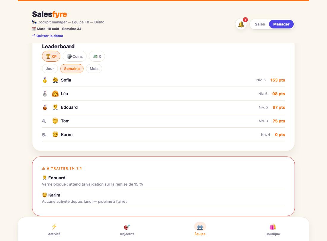 Classement de l'équipe et liste des commerciaux à traiter en 1:1