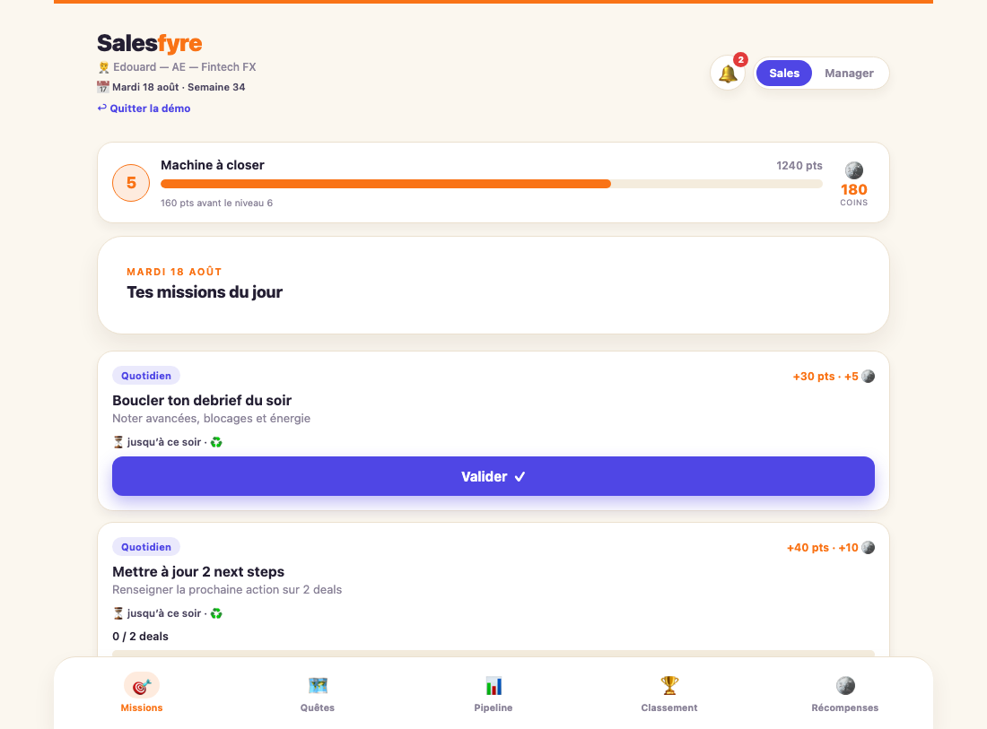 Vue commerciale : missions du jour, quêtes en cours, niveau et pièces